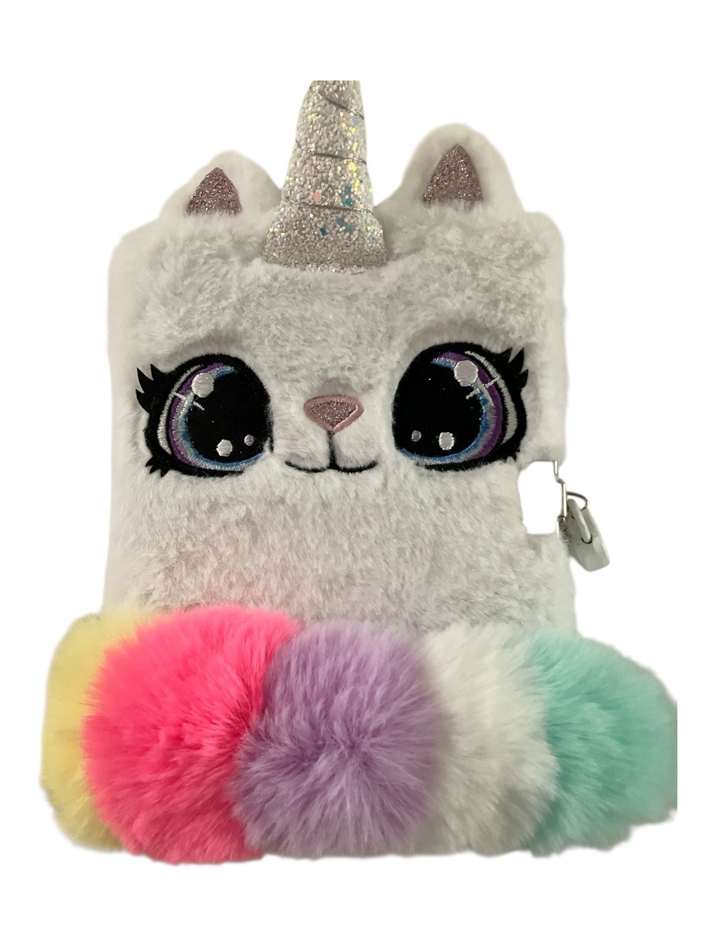 White Plush Unicorn Notebook with Rainbow Pom-Poms